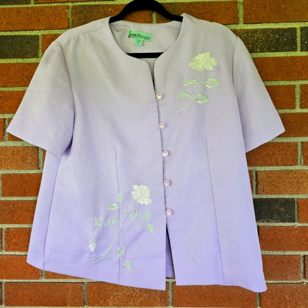 Sara Morgan for Haband Womens Blazer PM Lilac‎ Embroidered Flower Cottage Core